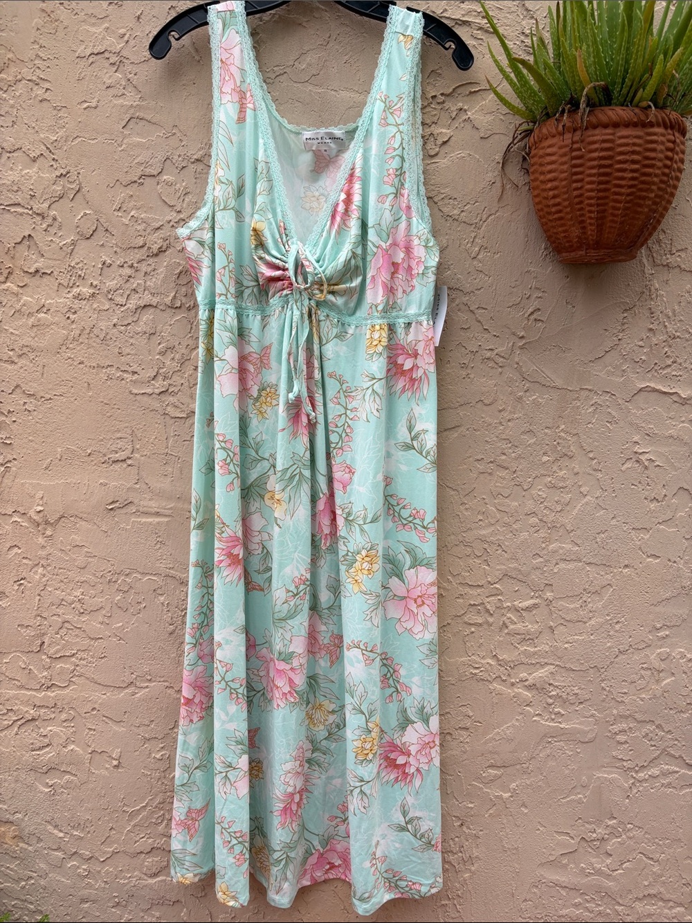 Miss Elaine Gorgeous Floral Tie-Front Mint Sleeveless Long Nightgown
